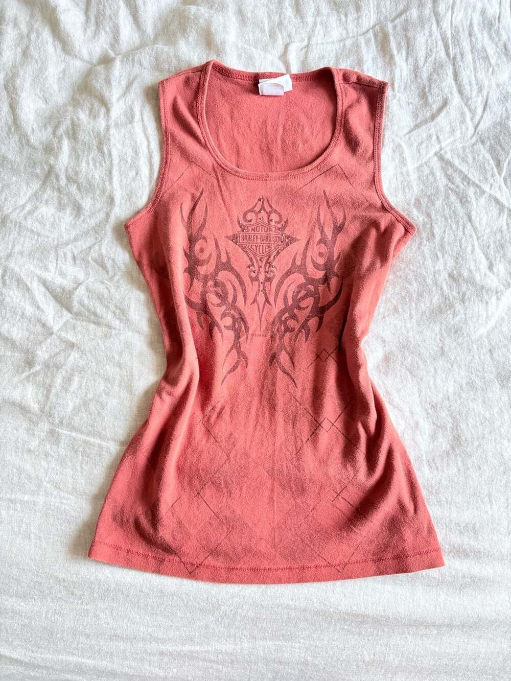 Y2K 2000s Harley-Davidson Tank Top Size Small Orange Tribal Rhinestone Argyle